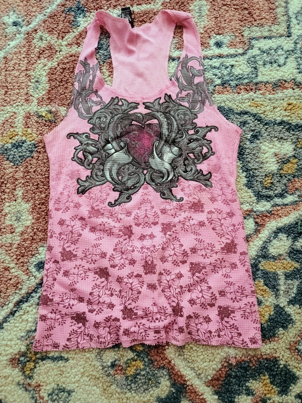 Pink Graphic Racerback Tank with Ornate Heart Design & Harley Davidson Sweats